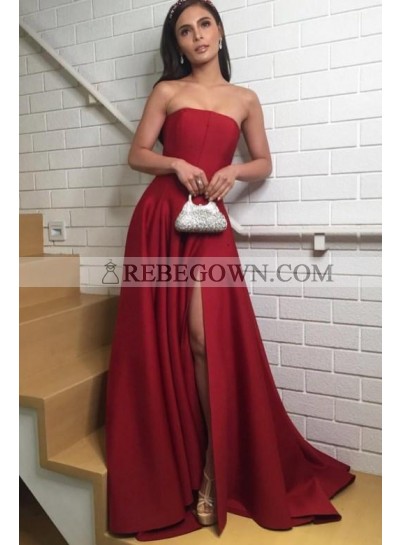 Cheap A Line Strapless Red Side Slit Satin Prom Dress 2022