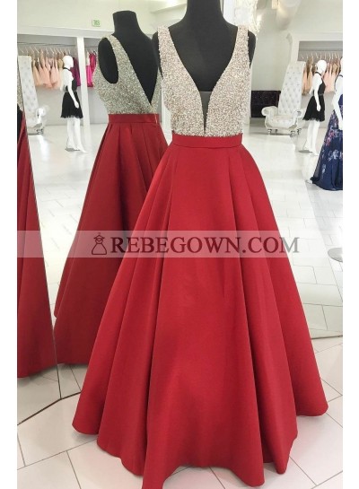 2022 Elegant A Line Satin Red V Neck Beaded Backless Long Prom Dress