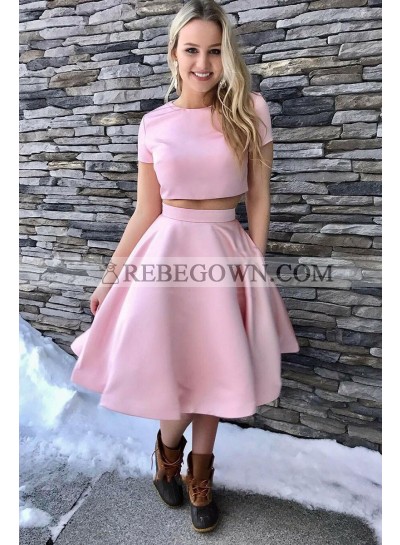 2022 Newly A Line Pink Short Sleeves Two Pieces Knee Length Short Prom Dress