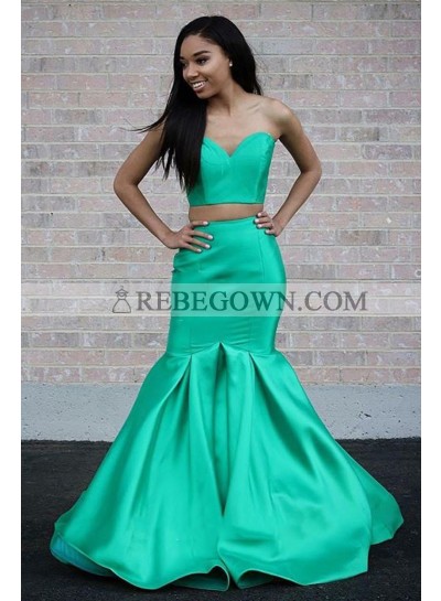 2022 New Designer Mermaid  Sweetheart Satin Strapless Mint Green Two Pieces Prom Dress