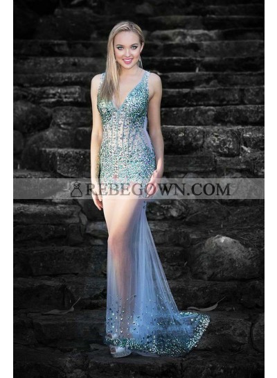 2022 Sexy Sheath Tulle See Through V Neck Backless Beaded Long Prom Dress