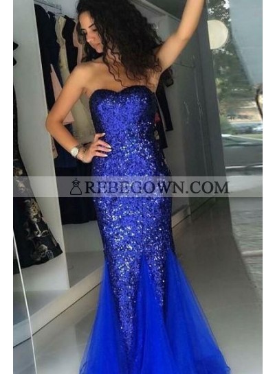 2022 Cheap Strapless Royal Blue Sheath Sequence Tulle Sweetheart Lace Up Back Prom Dress