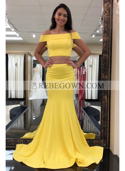 2022 Sexy Mermaid  Satin Yellow Off Shoulder Two Pieces Long Prom Dress