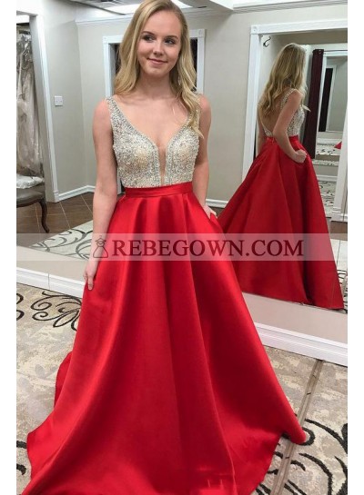 2022 Elegant Satin A Line Sweetheart Beaded Red Backless Long Prom Dress