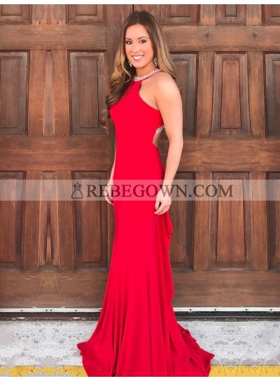 2022 New Arrival Red Sheath Beaded Scoop Long Prom Dress