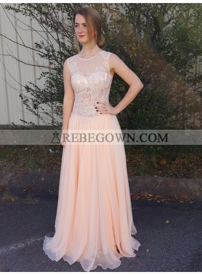 Cheap A Line Chiffon See Through Peach Lace Prom Dress 2022