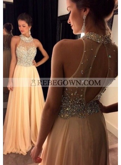 Elegant A Line Beaded Chiffon Pink Long Cheap Prom Dress 2022