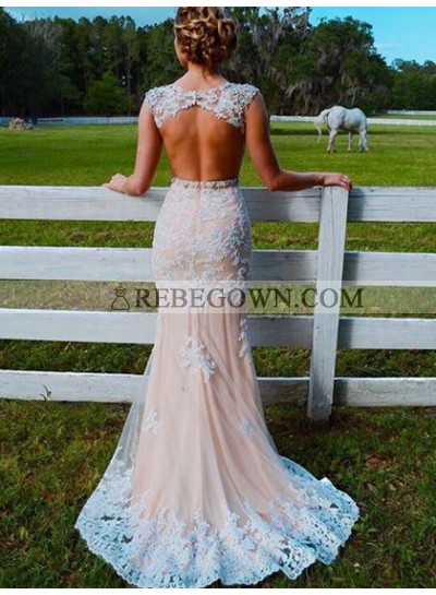 2022 New Arrival Sheath Champagne Tulle Backless Beaded Prom Dress