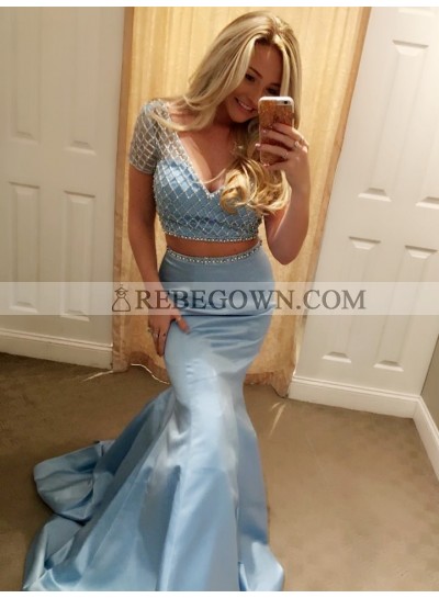 2022 New Designer Blue Mermaid  Short Sleeves Beaded V Neck Two Pieces Prom Dress