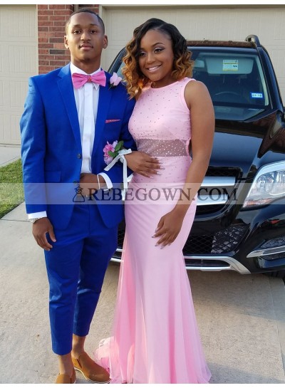 2022 Cheap Pink Sheath Chiffon Beaded Backless African American Prom Dress