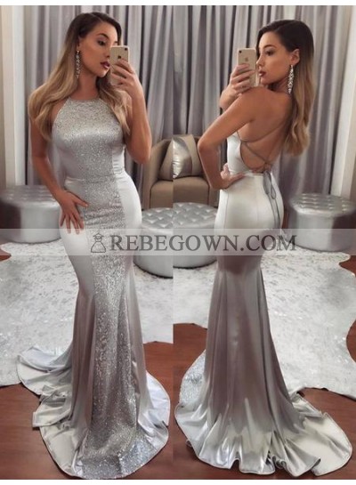 Sexy Mermaid  Silver Mermaid  Backless Lace Up Back Halter Beaded Prom Dress 2022