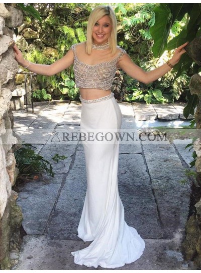 2022 New Arrival White Sheath Beaded Two Pieces Prom Dress