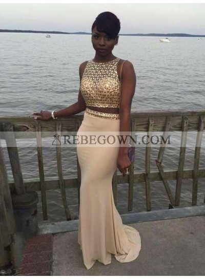 2022 New Arrival Sheath Champagne Beaded Two Pieces Backless Prom Dress