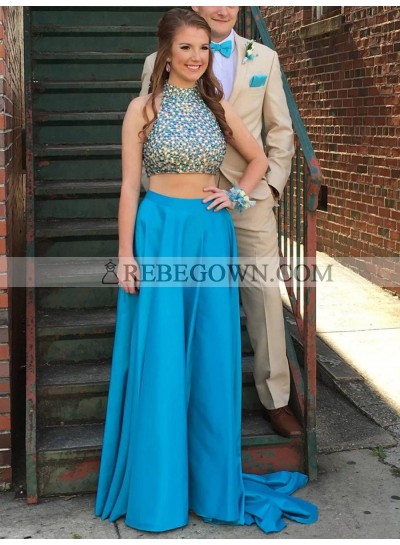 2022 Elegant A Line Satin Blue High Neck Backless Beaded Two Piece Prom Dress