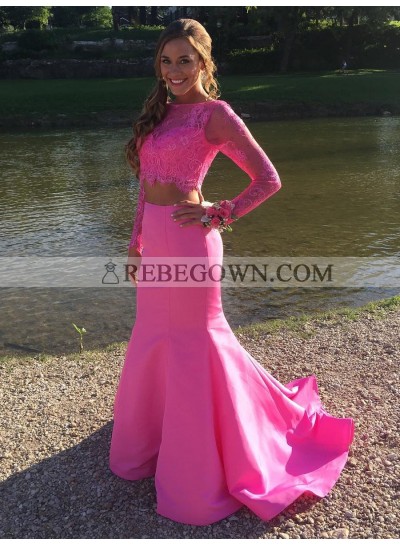 Amazing Mermaid  Long Sleeve Satin Lace Two Pieces Long Pink Prom Dress 2022