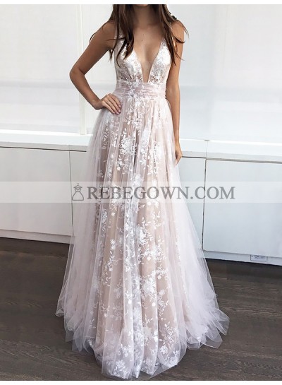2022 Low Cut Tulle Brown Lace Sequined Sleeveless Prom Dresses