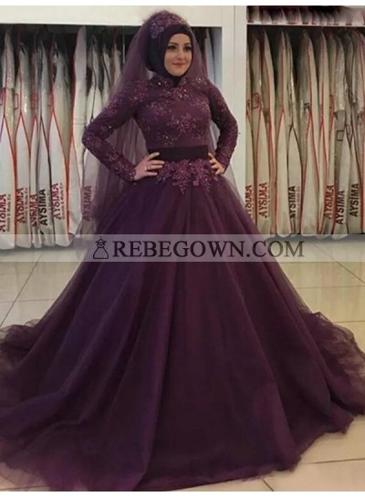 2022 Arab Long Sleeve Tulle A-Line Beaded Lace Prom Dresses with Veil