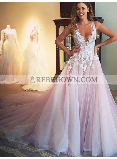 A Line Royal Train Pleated Ruffle V Neck Lace Tulle Layered Backless Prom Dress