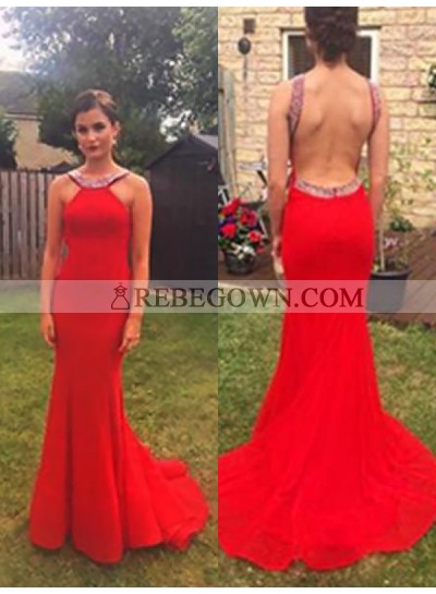 2022 Jewel Prom Dresses Satin Red Mermaid Backless Rhinestone Sleeveless Sexy Simple