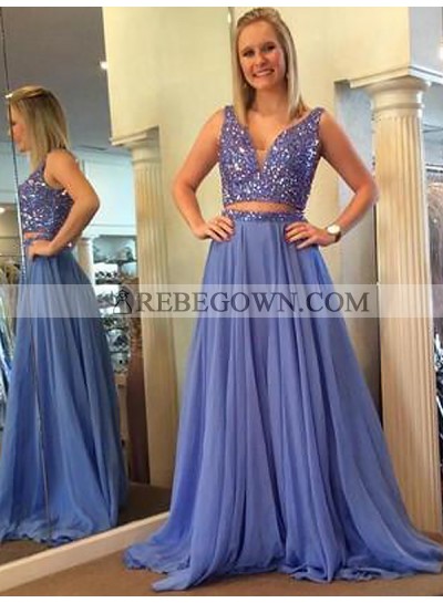 2022 Prom Dresses Lilac Sleeveless V-Neck Two Pieces Chiffon Sequins Pleated