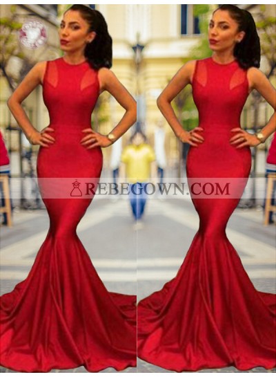 2022 Jewel Prom Dresses Sleeveless Mermaid Red Sexy Simple Satin Pleated