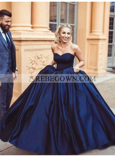2022 Satin Prom Dresses Dark Navy Strapless Sweetheart Ball Gown Pleated Backless