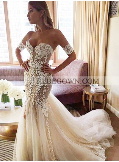 2022 Mermaid Sexy Wedding Dresses Tulle Off Shoulder Tulle Backless Sweetheart Bridal Gowns