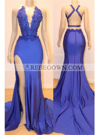 2022 Amazing Prom Dresses Sheath Side Slit Royal Blue V Neck Backless Lace