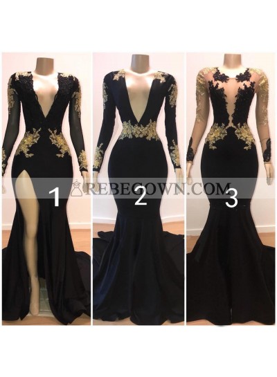 2022 Sexy Prom Dresses Black Mermaid Long Sleeves V Neck Gold Appliques