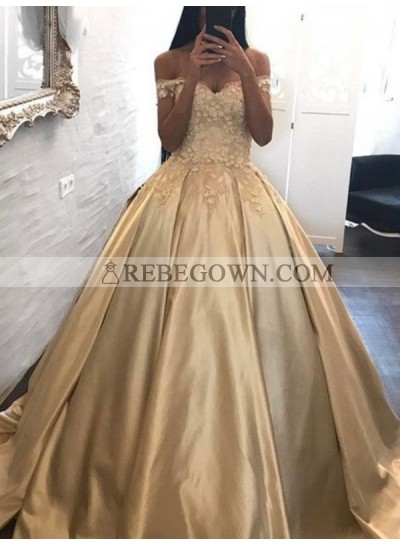 2022 Elegant Prom Dresses Sweetheart Off Shoulder Satin Ball Gown Champagne