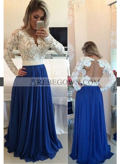 rebe gown 2022 Blue Beading Appliques A-Line Chiffon Prom Dresses