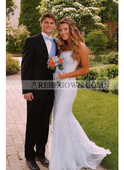 2022 Prom Dresses Light Sky Blue Sheath Tulle Halter Backless Long With Appliques