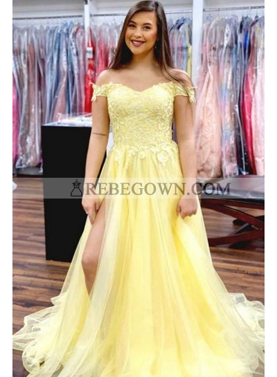 2022 Prom Dresses A Line light Yellow Tulle Off Shoulder Sweetheart Side Slit