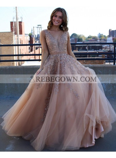 2022 Prom Dresses A Line Tulle With Lace Appliques Long Dusty Rose