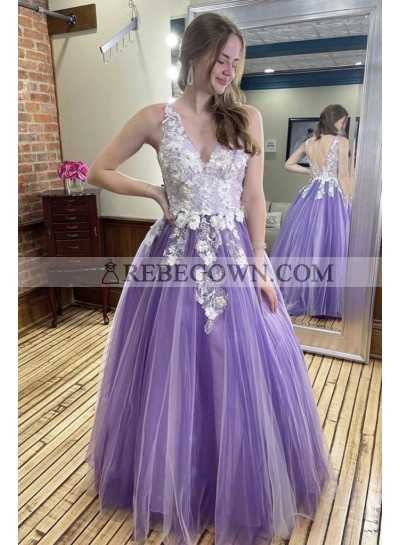 2022 Prom Dresses A Line Purple Tulle White Lace Patterns V Neckline Long