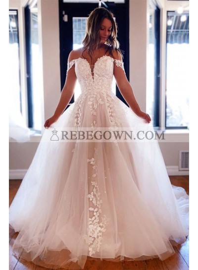 2022 Prom Dresses A Line Tulle With Lace Patterns Off Shoulder Ivory Sweetheart