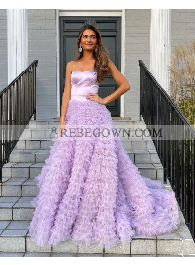 2022 Prom Dresses A Line Strapless Lilac Ruched Long