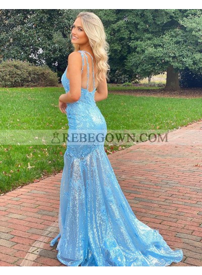 2022 Prom Dresses One Shoulder Blue Sequence Sheath Long