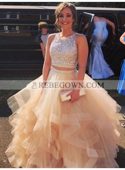 2022 Prom Dresses A Line Tulle With Sequence Champagne Two Pieces