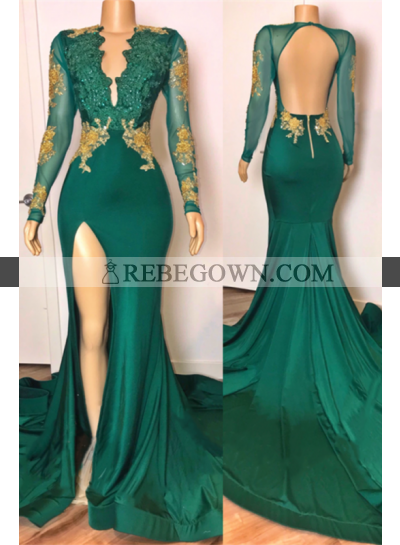 2022 Prom Dresses Long Sleeves Emerald Side Slit Open Front Backless Long Dress