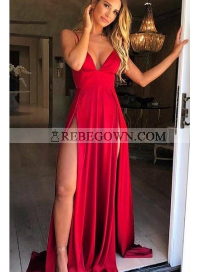 2022 Prom Dresses A-Line Red Sweetheart Side Slit Halter Long Dress