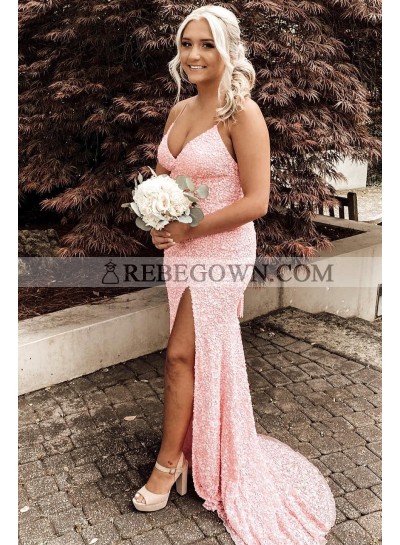 2022 Sweetheart Halter Side Slit Blush Pink Long Sequence Prom Dresses