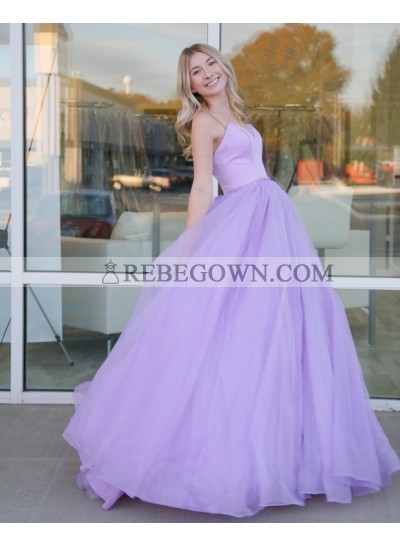 A Line Tulle Sweetheart Open Back Lace Up Long Lilac Prom Dresses 2022
