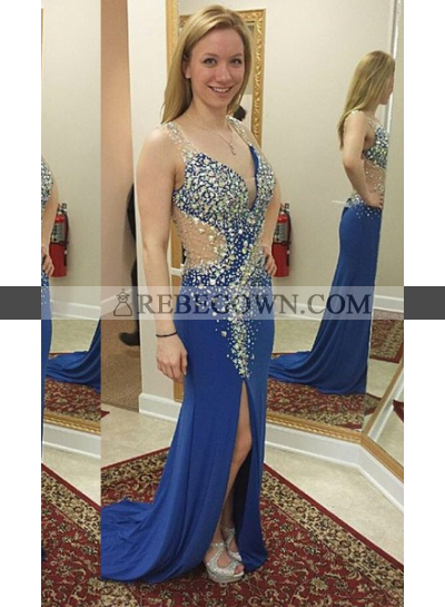 rebe gown 2022 Blue Beading High Slit Column/Sheath Prom Dresses
