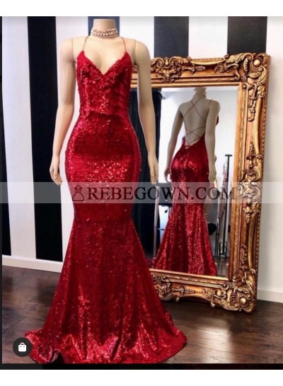 2022 Sexy Halter Sequins Red Mermaid  Prom Dresses