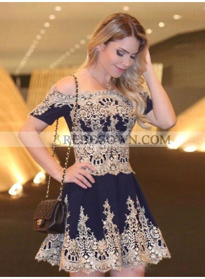 A-Line Off-the-Shoulder Short Sleeves Navy Blue Chiffon Homecoming Dress 2022 with Appliques