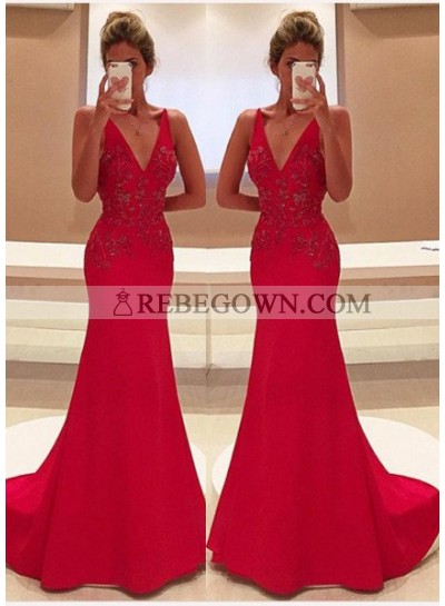 2022 Gorgeous Red Appliques V-Neck Sweep Train Satin Prom Dresses