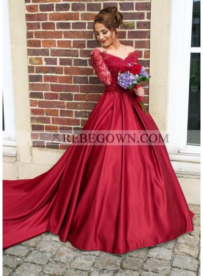 2022 Gorgeous Red V-Neck Long Sleeve Beading Sweep/Brush Train Satin Prom Dresses