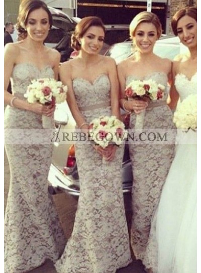 Simple Champagne Lace Strapless Ribbon Long Bridesmaid Dresses / Gowns