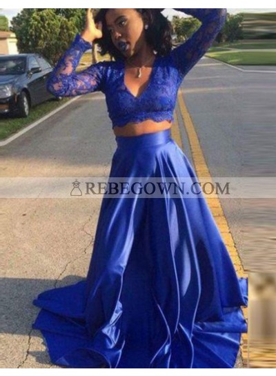 2022 Cheap Princess/A-Line Royal Blue Long Sleeves Two Pieces Prom Dresses